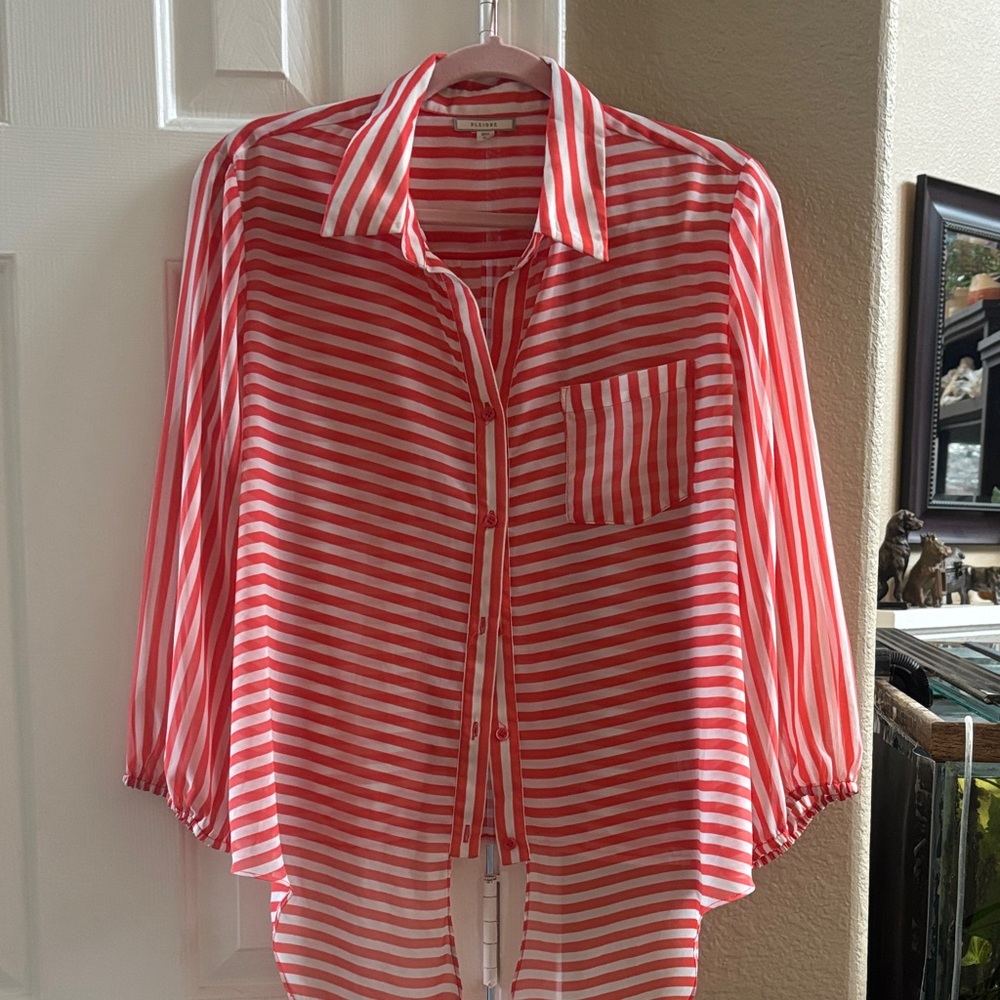 Pleione Coral and White Striped Blouse